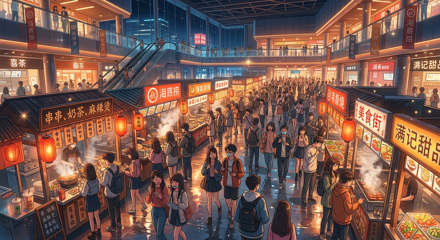 年轻购物者将焦点放在商场美食区